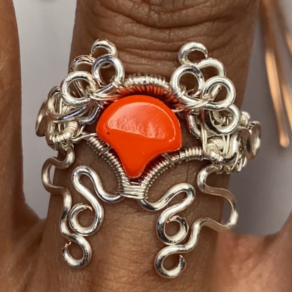 Intricate Silver and Orange Cabochon Ring